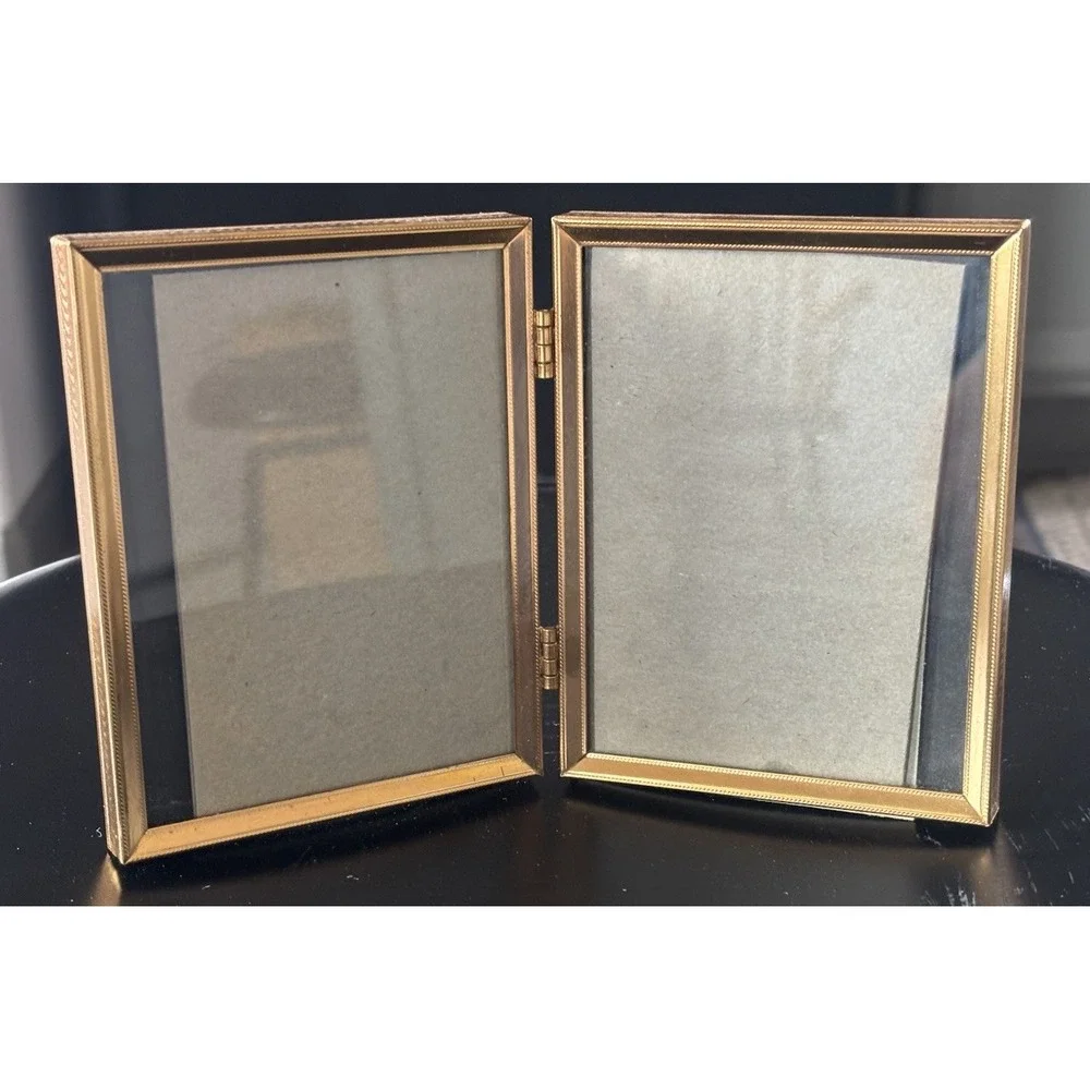 Vintage Brass Double Folding Picture Frame Hinged 3x4 Tabletop Mid Century